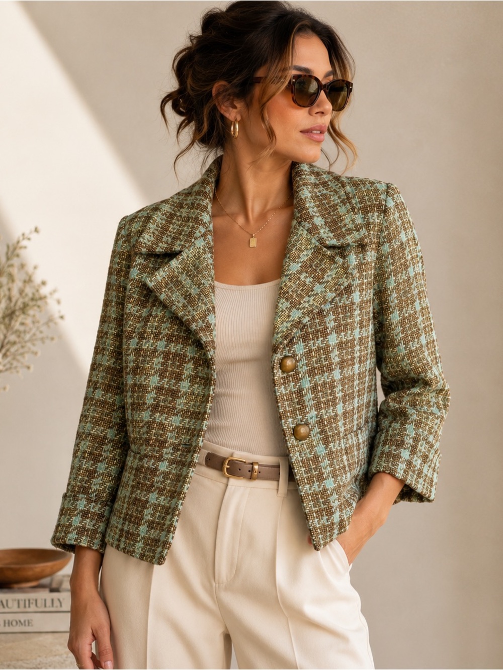 Cropped Plaid Tweed Blazer in Mint Green and Brown
